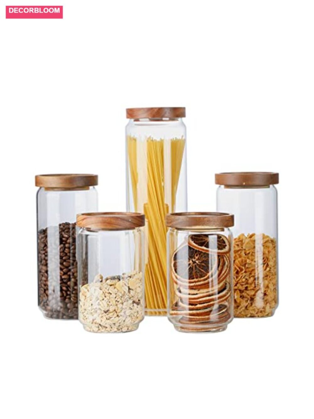 Glass Storage Jars with Wood Lid, Set of 5 Airtight Containers for Kitchen